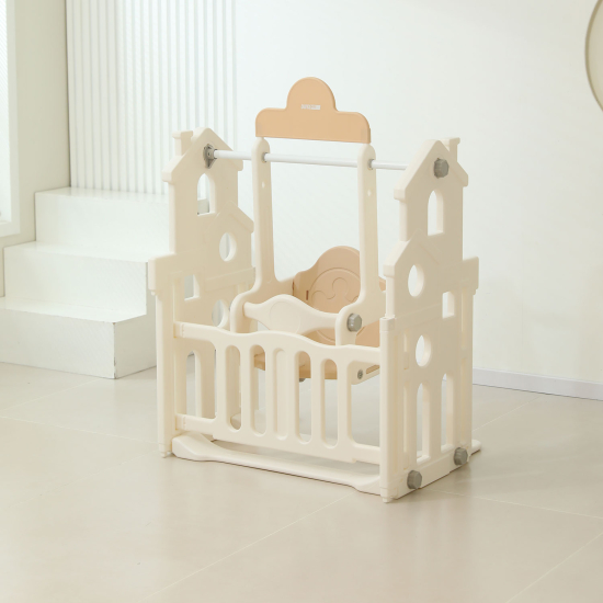 Манеж UNIX Kids DeLuxe House / Делюкс Дом бежевый, 150 x 180 см, с баскетбольной стойкой, доской для рисования, качелями
