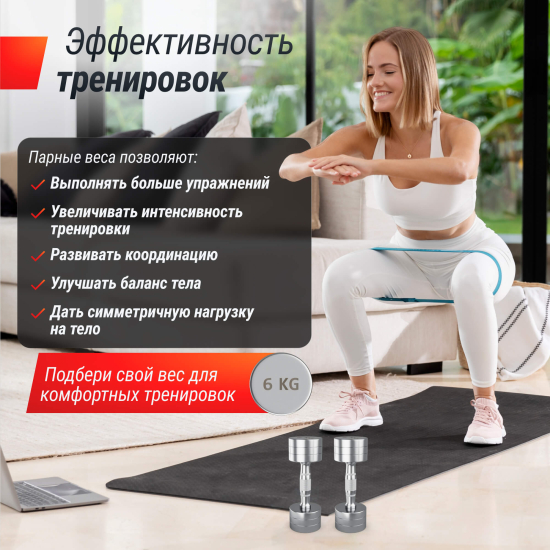 Гантель UNIX Fit PRO круглая хромированная 6 кг, 2 шт.