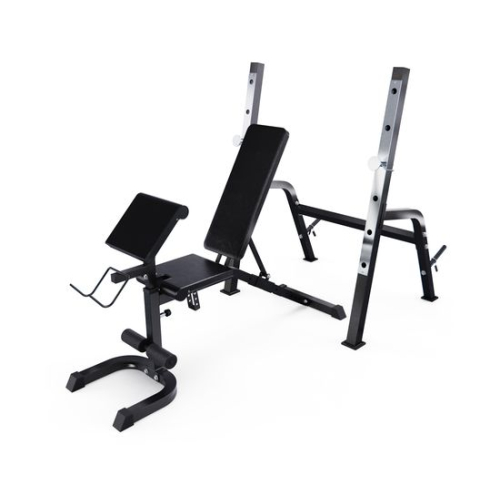 Скамья со стойками под штангу DFC GORILLA черная, с партой для бицепса