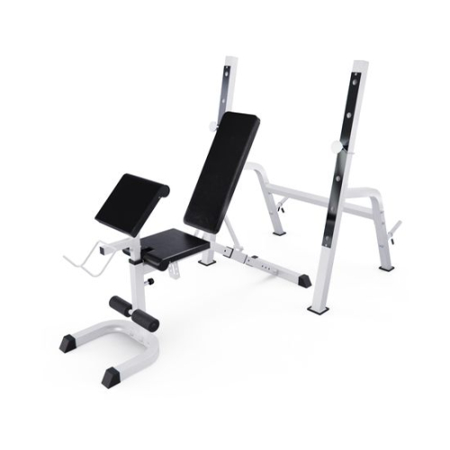 Скамья со стойками под штангу DFC GORILLA белая, с партой для бицепса