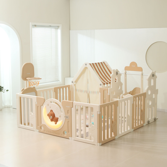Манеж UNIX Kids DeLuxe House / Делюкс Дом бежевый, 180 x 200 см, с баскетбольной стойкой, доской для рисования, ковриком для игр