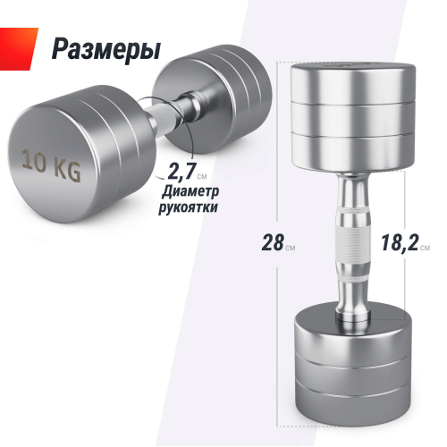 Гантель UNIX Fit PRO круглая хромированная 10 кг, 2 шт.