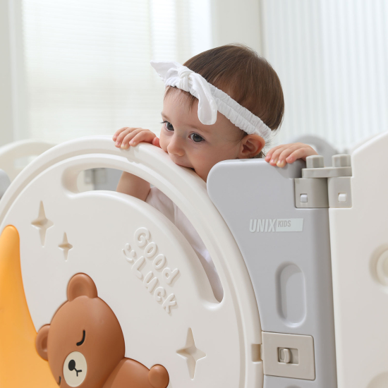Манеж UNIX Kids Deluxe / Делюкс серый180 x 200 см, с баскетбольным кольцом и ковриком