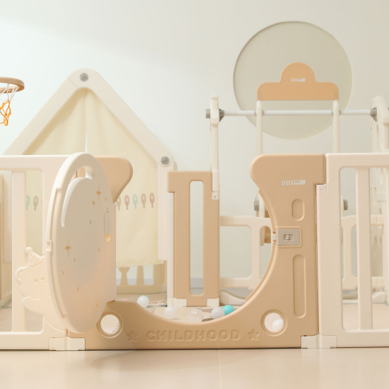 Манеж UNIX Kids DeLuxe House / Делюкс Дом бежевый, 150 x 180 см, с баскетбольной стойкой, доской для рисования, качелями