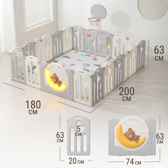 Манеж UNIX Kids DeLuxe V2 / Делюкс серый 180 x 200 см, с баскетбольным кольцом и ковриком
