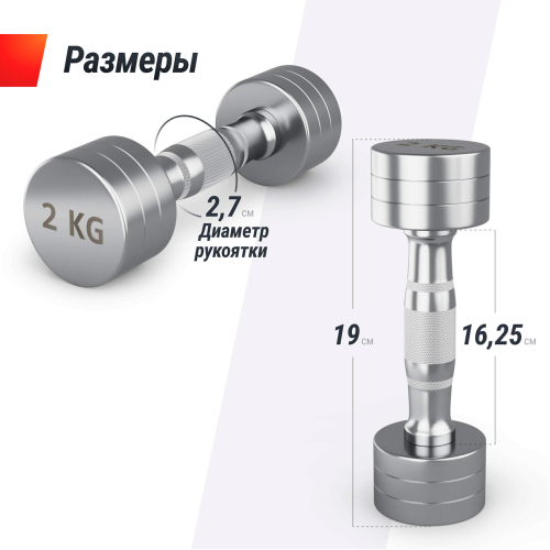 Гантель UNIX Fit PRO круглая хромированная 2 кг, 2 шт.