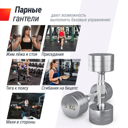 Гантель UNIX Fit PRO круглая хромированная 5 кг, 2 шт.