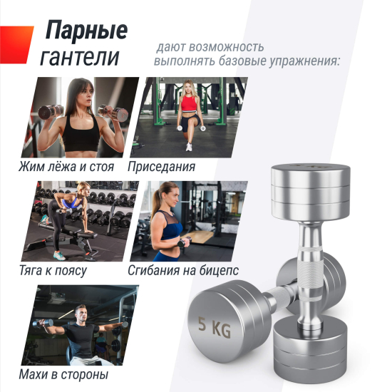 Гантель UNIX Fit PRO круглая хромированная 5 кг, 2 шт.