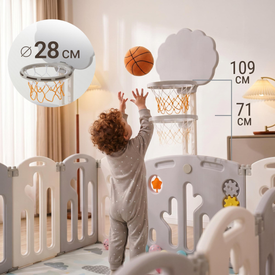 Манеж UNIX Kids DeLuxe V2 / Делюкс серый 150 x 180 см, с баскетбольным кольцом и ковриком
