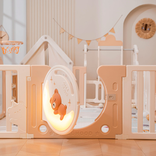 Манеж UNIX Kids DeLuxe House / Делюкс Дом бежевый, 180 x 200 см, с баскетбольной стойкой, доской для рисования, ковриком для игр