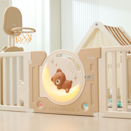 Манеж UNIX Kids DeLuxe House&Storage / Делюкс дом и стеллаж бежевый, 150 x 180 см, с игровым домиком, баскетбольной стойкой, доской для рисования, качелями + ме