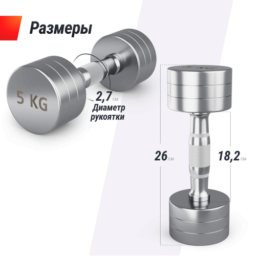 Гантель UNIX Fit PRO круглая хромированная 5 кг, 2 шт.