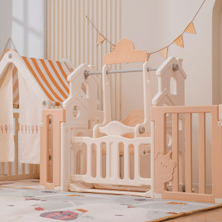 Манеж UNIX Kids DeLuxe House / Делюкс Дом бежевый, 180 x 200 см, с баскетбольной стойкой, доской для рисования, ковриком для игр