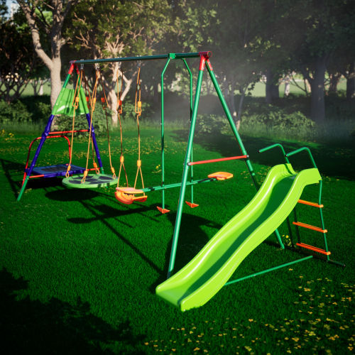 Детский комплекс DFC MULTIPLAY качели: планер, верёвочные, гнездо; мини-батут и горка