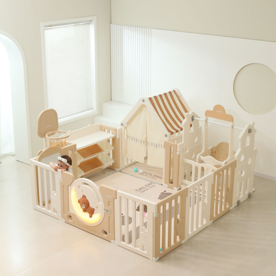 Манеж UNIX Kids DeLuxe House&Storage / Делюкс дом и стеллаж бежевый, 150 x 180 см, с игровым домиком, баскетбольной стойкой, доской для рисования, качелями + ме