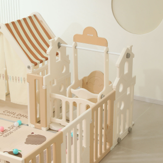 Манеж UNIX Kids DeLuxe House / Делюкс Дом бежевый, 150 x 180 см, с баскетбольной стойкой, доской для рисования, качелями