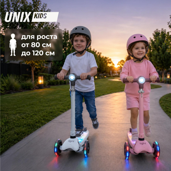 Самокат UNIX Kids Light с подсветкой, серый
