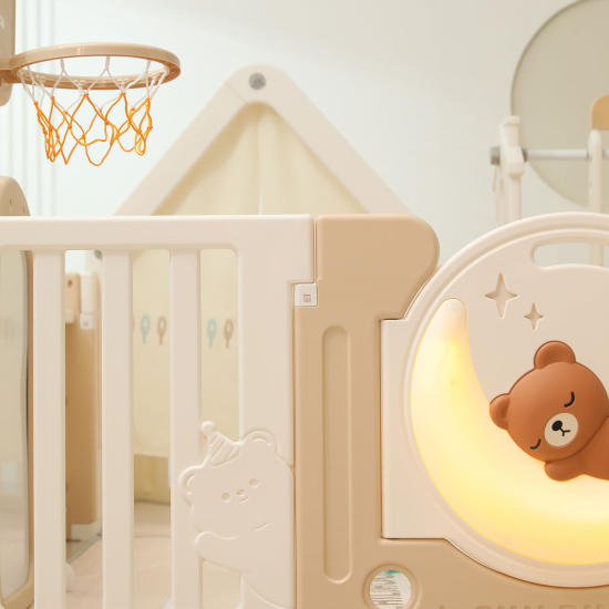 Манеж UNIX Kids DeLuxe House / Делюкс Дом бежевый, 180 x 200 см, с баскетбольной стойкой, доской для рисования, ковриком для игр