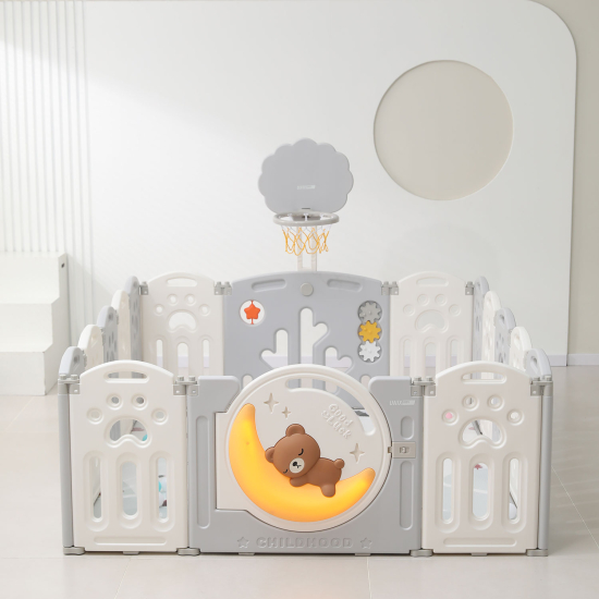 Манеж UNIX Kids Deluxe / Делюкс серый180 x 200 см, с баскетбольным кольцом и ковриком