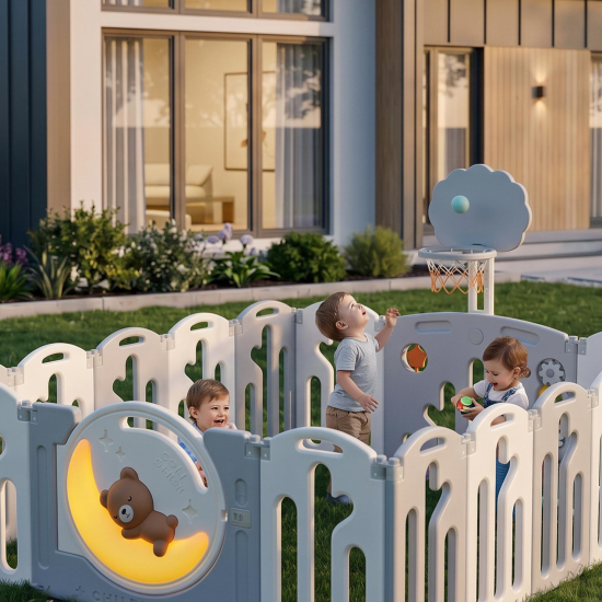 Манеж UNIX Kids DeLuxe V2 / Делюкс серый 150 x 180 см, с баскетбольным кольцом и ковриком
