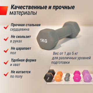 Гантель UNIX Fit неопреновая 1 кг Grey, 2 шт.