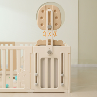 Манеж UNIX Kids DeLuxe House / Делюкс Дом бежевый, 150 x 180 см, с баскетбольной стойкой, доской для рисования, качелями