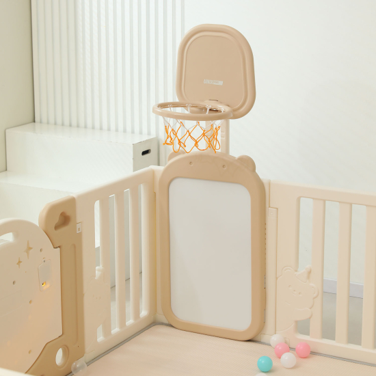 Манеж UNIX Kids DeLuxe House&Storage / Делюкс дом и стеллаж бежевый 180 x 200 см, с игровым домиком, баскетбольной стойкой, доской для рисования, качелями + мес