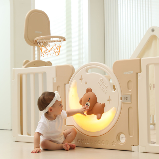 Манеж UNIX Kids DeLuxe House&Storage / Делюкс дом и стеллаж бежевый 180 x 200 см, с игровым домиком, баскетбольной стойкой, доской для рисования, качелями + мес