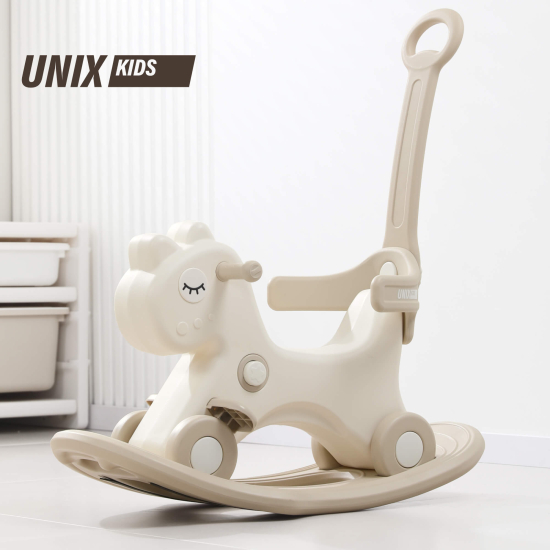 Лошадка-качалка-беговел с ручкой UNIX Kids Dino / Дино бежевый