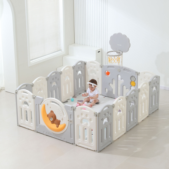Манеж UNIX Kids Deluxe / Делюкс серый180 x 200 см, с баскетбольным кольцом и ковриком