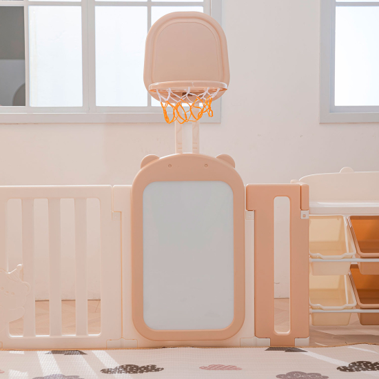 Манеж UNIX Kids DeLuxe House&Storage / Делюкс дом и стеллаж бежевый 180 x 200 см, с игровым домиком, баскетбольной стойкой, доской для рисования, качелями + мес