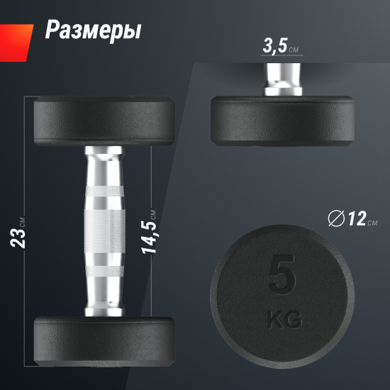 Гантель UNIX Fit PRO круглая обрезиненная 5 кг, 2 шт.