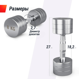 Гантель UNIX Fit PRO круглая хромированная 8 кг, 2 шт.