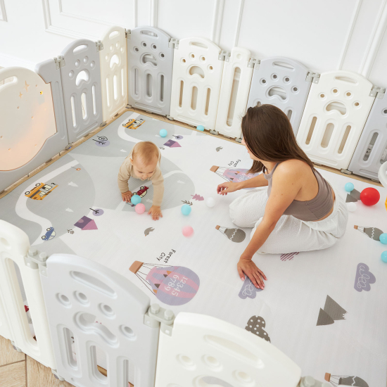 Манеж UNIX Kids Deluxe / Делюкс серый180 x 200 см, с баскетбольным кольцом и ковриком