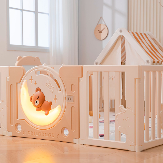 Манеж UNIX Kids DeLuxe House&Storage / Делюкс дом и стеллаж бежевый 180 x 200 см, с игровым домиком, баскетбольной стойкой, доской для рисования, качелями + мес