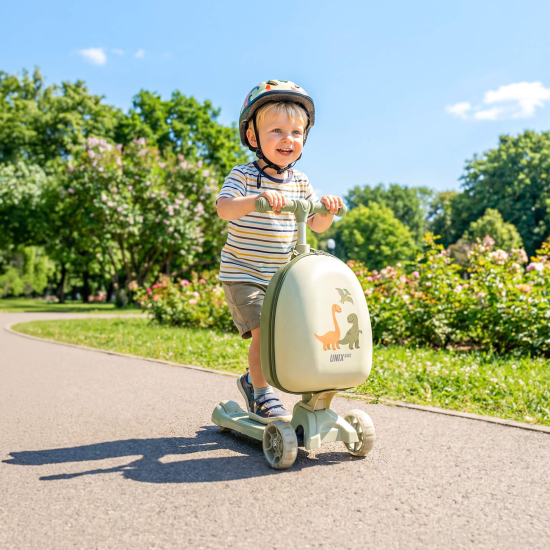 Самокат UNIX Kids Backpack Dino / Дино с рюкзаком бежевый