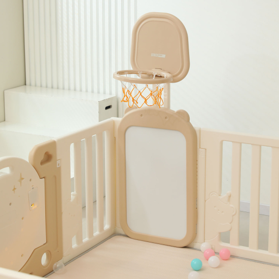 Манеж UNIX Kids DeLuxe House / Делюкс Дом бежевый, 180 x 200 см, с баскетбольной стойкой, доской для рисования, ковриком для игр