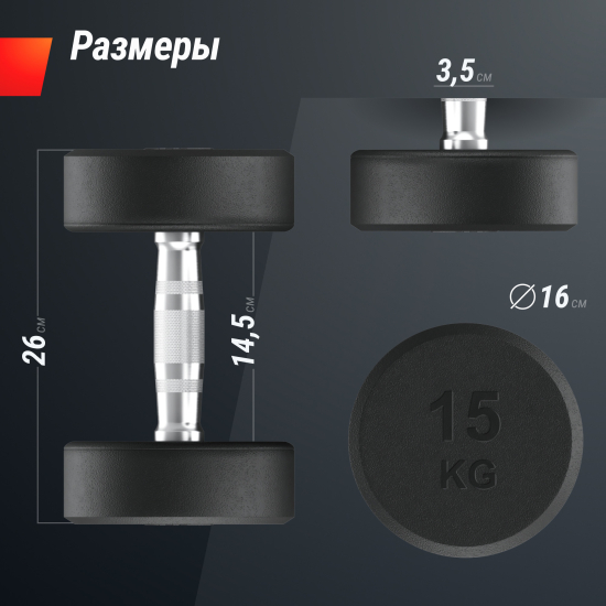Гантель UNIX Fit PRO круглая обрезиненная 15 кг, 2 шт.