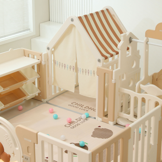 Манеж UNIX Kids DeLuxe House&Storage / Делюкс дом и стеллаж бежевый, 150 x 180 см, с игровым домиком, баскетбольной стойкой, доской для рисования, качелями + ме