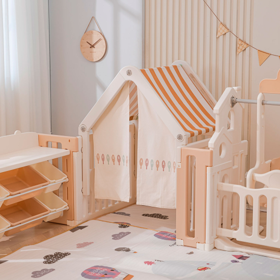 Манеж UNIX Kids DeLuxe House&Storage / Делюкс дом и стеллаж бежевый 180 x 200 см, с игровым домиком, баскетбольной стойкой, доской для рисования, качелями + мес