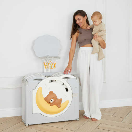 Манеж UNIX Kids Deluxe / Делюкс серый180 x 200 см, с баскетбольным кольцом и ковриком
