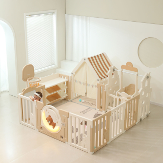 Манеж UNIX Kids DeLuxe House&Storage / Делюкс дом и стеллаж бежевый 180 x 200 см, с игровым домиком, баскетбольной стойкой, доской для рисования, качелями + мес