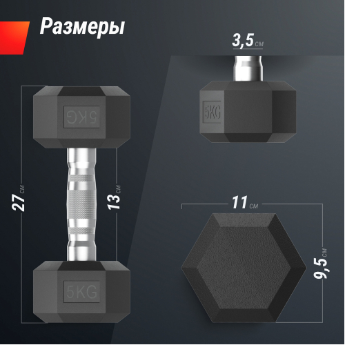 Гантель гексагональная UNIX Fit обрезиненная 5 кг, 2 шт.