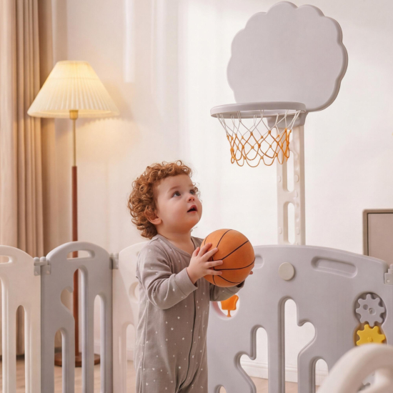 Манеж UNIX Kids DeLuxe V2 / Делюкс серый 180 x 200 см, с баскетбольным кольцом и ковриком