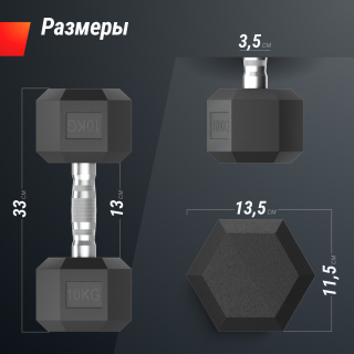 Гантель гексагональная UNIX Fit обрезиненная 10 кг, 2 шт.