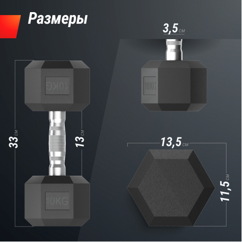 Гантель гексагональная UNIX Fit обрезиненная 10 кг, 2 шт.