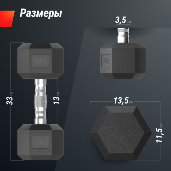Гантель гексагональная UNIX Fit обрезиненная 10 кг, 2 шт.