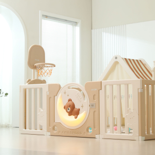Манеж UNIX Kids DeLuxe House / Делюкс Дом бежевый, 150 x 180 см, с баскетбольной стойкой, доской для рисования, качелями