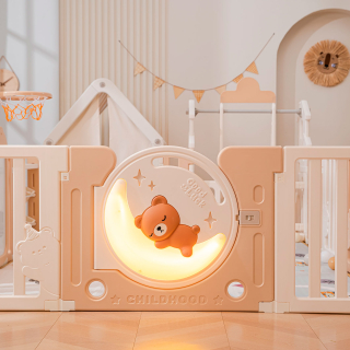 Манеж UNIX Kids DeLuxe House / Делюкс Дом бежевый, 150 x 180 см, с баскетбольной стойкой, доской для рисования, качелями