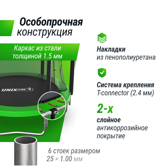 Батут UNIX Line Simple 6 ft (183 см) с внутренней защитной сеткой, зеленый